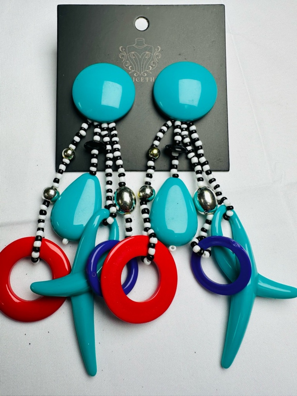 70s-80s DEAD STOCK Turquoise Multi-Color Beaded Statement Drop Earrings